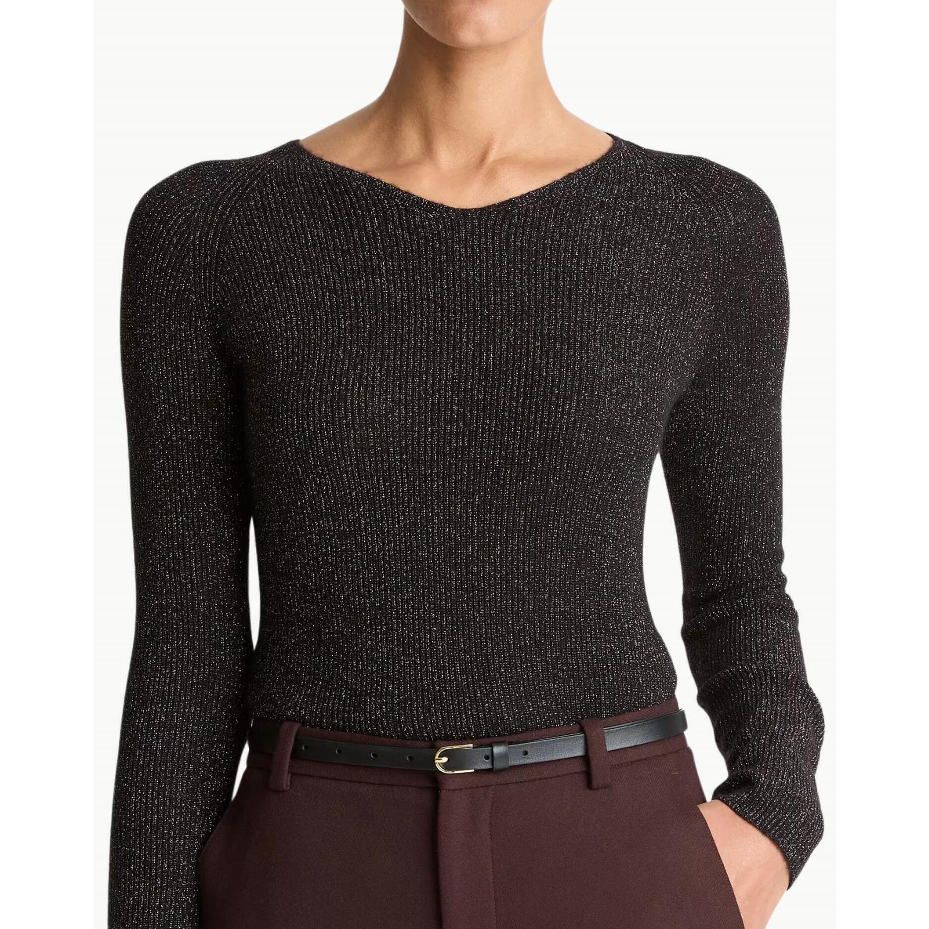 New Vince Metallic Ribbed High V-Neck Sweater In Black